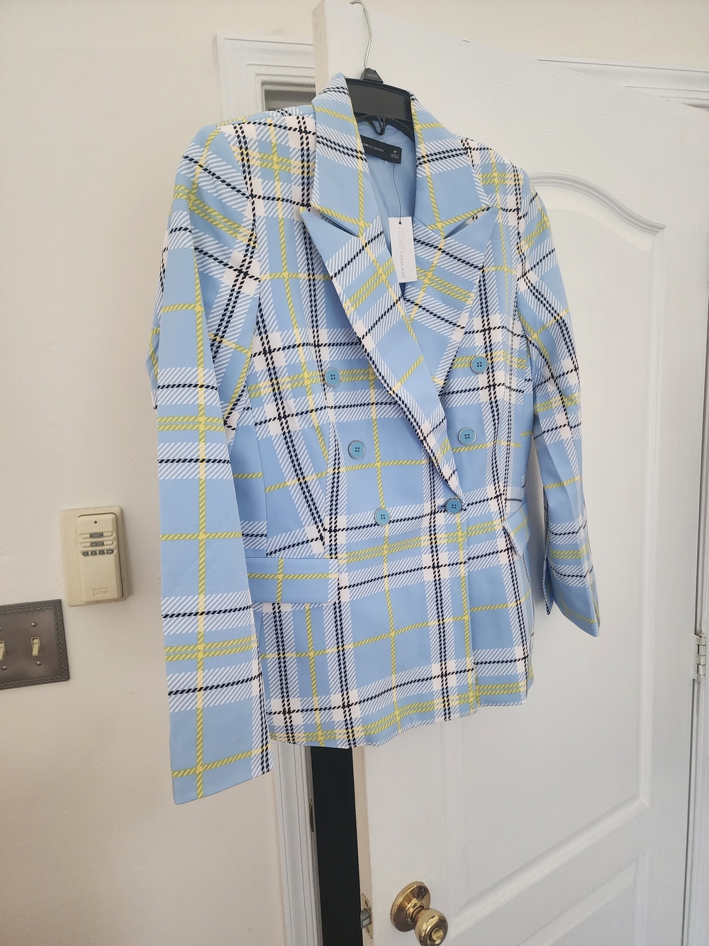 New York & Company Light Blue Plaid Double-Breasted Blazer